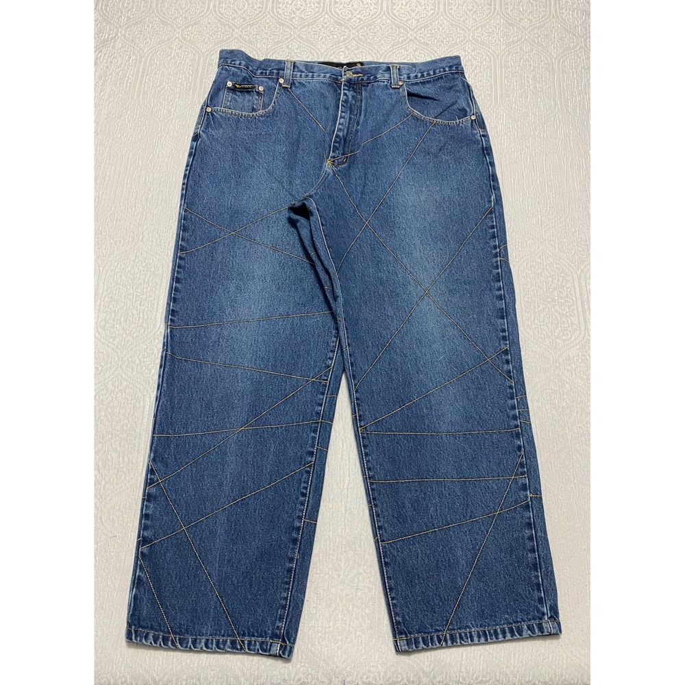 Vibes GL Gold Label Baggy Y2K Jeans Men's Size 42x32 Blue Geometric‎ Stitching